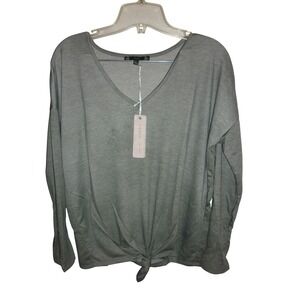 IRIS BASIC Women's Long Sleeve V Neck Tunic Top Olive Green Knot Front Size L